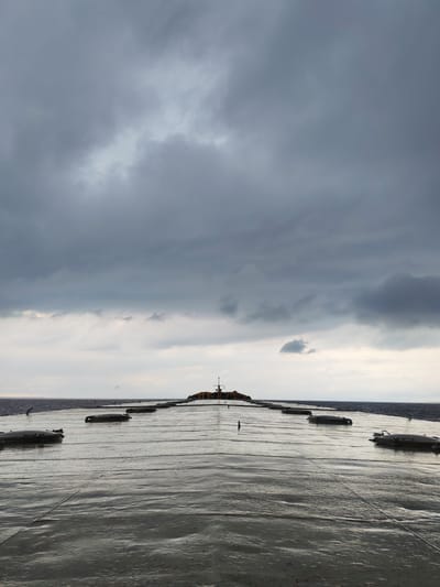 The image depicts a view from the deck of a ship, looking forward towards the horizon. The sky is overcast with dramatic, dark gray clouds, suggesting a stormy or moody weather condition. The sea is visible as a dark expanse meeting the sky at the horizon line. The deck itself is a wide, flat surface, covered in what appears to be a light-colored material with visible horizontal lines or seams. Several large, dark, rectangular objects with rounded edges are spaced evenly along the deck, possibly hatches or cargo securing points. In the distance, a structure is visible on the ship, including a mast or antenna. The overall scene evokes a sense of vastness and isolation, with the dominant elements being the imposing sky and the functional, expansive deck of the vessel. The lighting is dim, indicative of a gray day, and no specific time of day can be definitively determined beyond it likely being daylight. There is no visible text in the image.