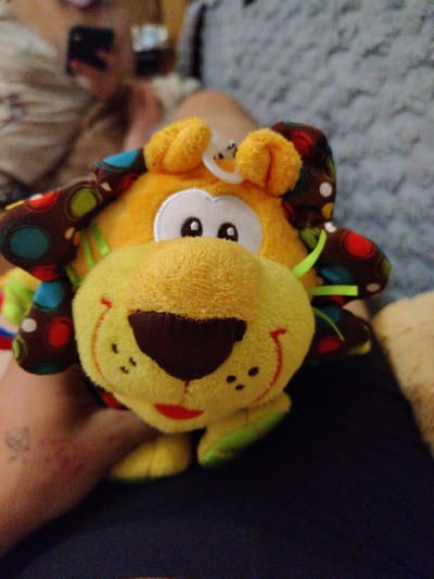A close-up, low-angle, blurry photograph shows a yellow plush lion toy held in a person's left hand. The toy has large, wide eyes, a dark brown nose, and red lips. Its ears are a bright yellow pom-pom style, and it has brown and colorful polka-dotted fabric with green ribbon accents attached to its head. The background is out of focus and appears to be a textured, gray surface, possibly a blanket or couch. The person's arm is visible on the left side of the image, showing faint markings and some redness. No specific location in Okhtyrka, Ukraine, can be identified from the image.