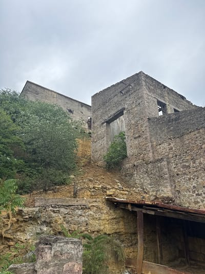The image depicts the exterior of abandoned stone and concrete structures situated on a steep, overgrown hillside. The buildings are in a state of disrepair, with missing windows and crumbling facades. Lush green foliage encroaches on the structures and the surrounding terrain. The sky is overcast. The scene is likely located in Kapan, Armenia, a region known for its historical mining operations and rugged landscapes.