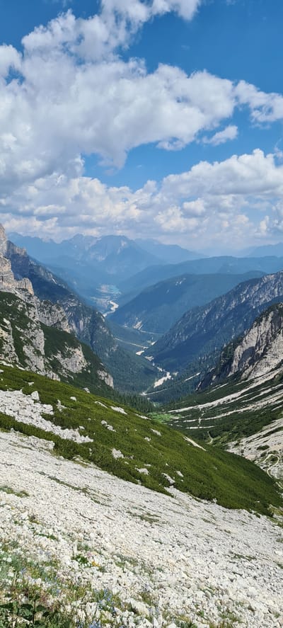 This is a vertical, eye-level, medium shot of a steep, rocky mountain slope covered in patches of green vegetation. The terrain is predominantly light-colored scree and larger rocks, with denser green moss or low-lying bushes clinging to parts of the incline. The slope descends sharply, giving a sense of height and precariousness.

In the background, multiple layers of mountain ranges recede into the distance, their colors softening to blues and grays due to atmospheric perspective. The furthest ranges appear hazy and indistinct. A narrow, winding path is visible on one of the distant slopes, suggesting a hiking trail.

The sky is a vibrant blue with scattered white, fluffy cumulus clouds. The lighting suggests it is daytime, likely late morning or early afternoon, with the sun casting shadows on the mountainside. The weather appears clear and fair.

The overall impression is one of a dramatic and rugged natural landscape, likely in the Alps given the location context. There are no people or man-made objects clearly visible in the foreground, emphasizing the wildness of the scene. The presence of small wildflowers on the right side of the frame adds a touch of delicate beauty to the harsh environment. The orientation of the image is vertical, with the sky occupying the left side and the mountain slope dominating the right.