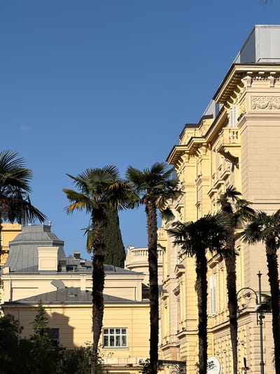 The image shows a vertical view of the architecture and palm trees in Grad Opatija, Croatia, against a clear blue sky. The buildings are primarily pale yellow with ornate detailing, featuring decorative moldings, balconies, and window frames. Palm trees with dark trunks line the street, partially obscuring the facades. Street lamps are also visible amidst the trees. The architectural styles suggest a historical urban setting.