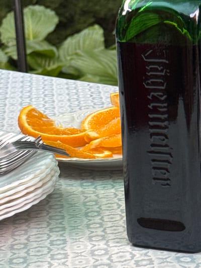 The image shows a close-up of a Jägermeister bottle standing on a patterned tablecloth. The bottle is dark green glass with the brand name "Jägermeister" embossed vertically on its side. In the background, out of focus, are slices of orange on a plate, a stack of white plates, and some greenery. The scene appears to be outdoors, possibly in a garden setting. There is no information or visual evidence in the image to suggest any connection to the city of Pribrezhnyi, Russia.