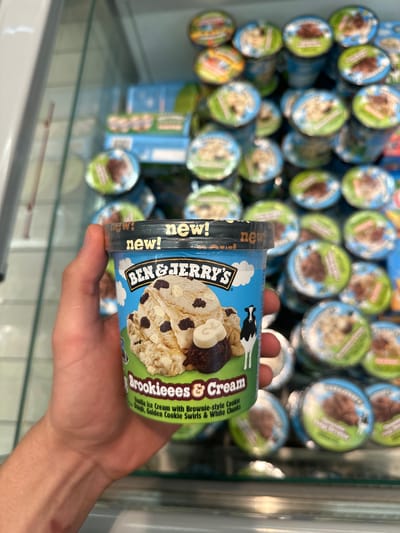 In a refrigerated display case, a person's hand holds a pint of Ben & Jerry's ice cream, "Brookieees & Cream" flavor. The ice cream appears to be vanilla with brownie-style cookie dough, golden cookie swirls, and white chunks. The display case is filled with other pints of ice cream, with visible labels such as "Chocolate Chip Cookie Dough," and "Phish Food." The environment suggests a retail setting, possibly a supermarket or convenience store in Alès, France, evidenced by the branding and product packaging, though no specific landmarks or street views are depicted.