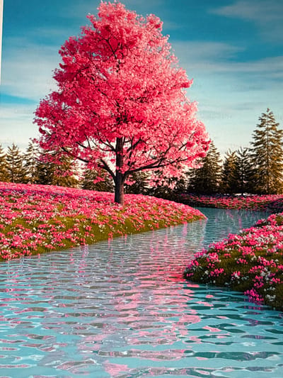 A tranquil scene unfolds featuring a blooming cherry blossom tree with vibrant pink flowers against a blue sky. Adjacent to the tree, a water body reflects the floral landscape, creating a rippling mirror image. Lush green bushes, adorned with small pink and white flowers, line the waterway. Tall evergreen trees provide a darker, contrasting backdrop, enhancing the overall depth and serenity of the composition.