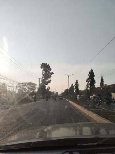 The image depicts a street scene in Tanjungkarang, Indonesia, likely during the late afternoon or early morning given the low angle of the sun and hazy sky. The perspective is from inside a vehicle, looking out through a windshield that shows some smudges and glare. A two-lane asphalt road stretches into the distance, with traffic present.

On the right side of the road, there's a concrete barrier separating the road from a strip of vegetation and then buildings. Several tall, conical evergreen trees are planted along this strip, interspersed with other trees of varying heights. A number of motorbikes are visible, some parked and others in motion, carrying riders. A few cars are also on the road.

The left side of the road features more trees, including a large, prominent tree with a sprawling canopy, and a cluster of smaller trees. Power lines are strung across the sky, supported by utility poles. Further down the road on the left, there are some street lights.

In the middle ground of the left side, a few individuals are visible near what appears to be a small roadside stall or market, with one person holding an umbrella. The ground is covered with gravel and some patchy grass. The overall atmosphere is one of a moderately busy urban or suburban street with typical Indonesian traffic and infrastructure.