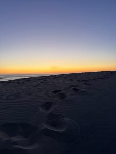 The image depicts a dark sand dune landscape at dusk, likely in the Dune du Pilat, located in La Teste-de-Buch, France. The sky transitions from a deep blue at the top to a soft yellow and orange band near the horizon where it meets the ocean. Footprints are visible in the rippled sand, leading towards the sea. The foreground is dominated by the dark sand, with subtle undulations and shadows. The overall impression is one of solitude and the passage of time, marked by the footprints.