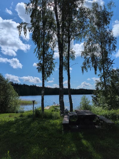 This image depicts a serene lakeside view in Hartola, Finland. The scene is observed from a grassy foreground, framed by several tall, slender birch trees that stand prominently in the midground. The trunks of the birch trees are light, and their green foliage is partially backlit, allowing sunlight to filter through.
Above, the sky is clear and bright blue, dotted with scattered white cumulus clouds. The sunlight casts distinct shadows across the grassy foreground, where a rustic, dark wooden picnic table with attached benches is situated in the lower right, appearing mostly in shadow. To the left of the image center, a dark, single-headed outdoor lamp post stands in the grass. Adjacent to the lamp post, a dark cylindrical object, possibly a barbecue grill, is visible.
Further left, a small, light-colored boat, likely a rowboat or dinghy, is partially visible, pulled up near the water's edge amidst green vegetation and tall reeds. The large lake occupies the middle ground, its surface sparkling with reflections from the sunlight. The distant shore across the lake is lined with a dense, dark evergreen forest. On the right side of the lake's edge in the midground, a light-colored dock or small landing extends into the water, featuring a small miniature structure, possibly a birdhouse, and a dark chair or bench.
No people or animals are present, and no specific actions are depicted. The environment is natural and appears to be a recreational lakeside area under clear, sunny conditions.