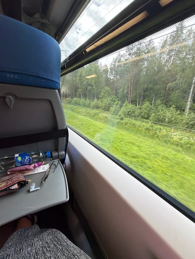 The image shows the interior of a train carriage looking out of a window. A blue fabric-covered seat is visible in the foreground on the left. A gray tray table is folded down, holding a bottle of Aqua mineral water, a package of what appears to be snacks, a small pouch with a decorative pattern, a small white object, and a pair of eyeglasses. The window shows a landscape of green grass and trees, suggesting a rural or suburban environment. The train appears to be in motion, indicated by the blur of the landscape. The location is identified as Ушаки, Russia.