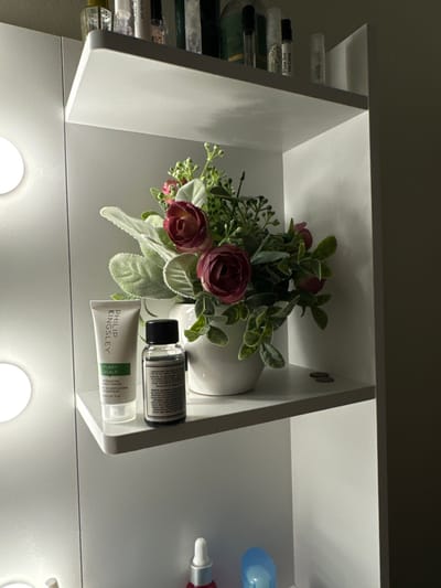 The image depicts an indoor shelf arrangement, likely a vanity or cosmetic storage unit, bathed in artificial light. On the top shelf, a small bouquet of artificial flowers, featuring deep red roses and green foliage, is placed in a white vase. To the right of the flowers, two small bottles are visible. One is dark with a black cap, and the other is a white tube with green lettering. The text on the white tube reads "PHILIP KINGSLEY FLAKY SCALP HYDRATING CONDITIONER".
The left side of the shelf displays several small perfume or essence bottles, some with labels. One bottle, partially obscured, has visible text "Pluie Sur Ha Long". The overall scene suggests a personal grooming or cosmetic space, possibly a dressing area. The lighting is bright and focused, creating a clean and organized aesthetic. The arrangement is static, with no active event taking place. The image is a close-up, highlighting the products and decorative elements.