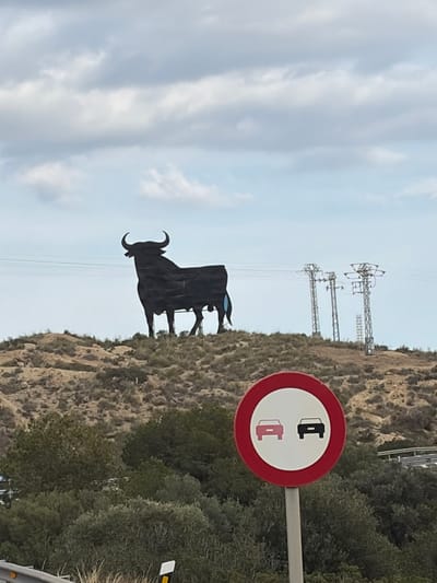 The scene, located in the city of El Campello, Spain, presents a static landscape under an overcast sky. In the bottom-right foreground, a circular traffic sign with a red border and white interior displays two car silhouettes, a lighter colored one on the left and a darker one on the right. Green, low-lying vegetation occupies the immediate foreground, with parts of a road barrier and a yellow-and-black reflective marker visible in the bottom-left. In the midground, a large, black, silhouetted Osborne bull billboard with distinct horns and tail stands prominently on a barren hill covered with sparse, dry vegetation. The bull faces left. To the right of the bull, two metal lattice-structure electrical transmission towers support multiple power lines that traverse the scene horizontally. The sky above is cloudy, featuring shades of gray with visible lighter blue areas. No people or active interactions are present.
