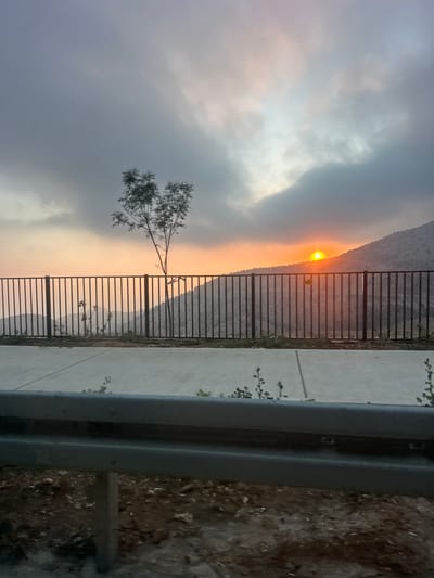 The image captures a sunset over a mountainous landscape, likely in Majdal Shams, Israel. A metal fence runs horizontally across the mid-ground, separating a paved area from the natural terrain. Behind the fence, a lone, slender tree stands silhouetted against the warm glow of the setting sun, which is partially obscured by a dark, cloudy sky. The mountains in the background are covered in vegetation and appear to be rugged and uneven. The foreground shows a concrete surface with some sparse vegetation, and a metal guardrail is visible at the very bottom of the frame. The overall scene evokes a sense of natural beauty and tranquility at dusk.