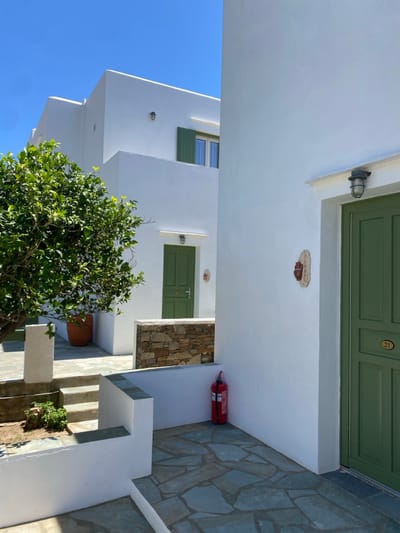 This outdoor daytime image, taken in Πλατύς Γιαλός, Greece, depicts a white-washed building complex characteristic of Cycladic architecture under a clear blue sky. In the foreground, a multi-paneled green door, marked with the number '21' on a small circular plaque, is set into a white wall. Above this door, a black-caged wall light is affixed. To the door's left, a red fire extinguisher stands on the irregularly-shaped grey stone paving. The scene includes various elevations delineated by white-washed low walls and stone steps. Further back, another green multi-paneled door with an overhead light is visible, accompanied by a decorative vertical plaque on its right. A window with green louvered shutters is present on an upper level of the complex. A section of wall constructed from natural stacked stone blocks is centrally located. On the left, a mature, leafy green tree in a terracotta pot dominates the immediate foreground, with smaller green plants near stone steps. No human figures or animals are present. The clear shadows indicate bright daylight conditions.