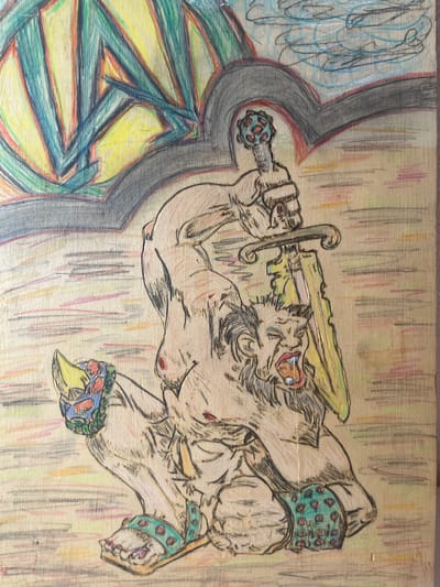 The image depicts a drawing on a textured, light-brown surface. The central subject is a muscular, grotesque figure with a beard and wild hair, in a hunched, kneeling position. The figure is holding a large, ornate sword above its head with its right hand. The sword has a yellow blade with green accents and a red and blue hilt topped with a spherical, jewel-like ornament. The figure's mouth is open in a roar, revealing teeth and a dark interior, with a pearl-like object visible in its mouth.
The figure wears sandals on both feet, decorated with colorful bands of blue, red, and green. A turquoise band with red circular accents is around its waist. Its body is heavily muscled, with prominent veins and detailed musculature. The skin tone is a light tan.
The background is abstract. In the upper left, there are angular shapes in yellow, green, and red, resembling stylized architectural elements or a fractured sun. Above this, and spanning across the top of the image, is a dark, arch-like shape with red and black outlines, with scribbled blue lines suggesting clouds or smoke. The ground the figure kneels on is rendered with horizontal strokes of various colors, including pink, yellow, green, and red, suggesting a textured or sandy surface.
The artwork appears to be a drawing or painting executed with colored pencils or crayons on a wood panel or similar material. There is no indication of the city of Schwäbisch Hall, Germany, within the image.