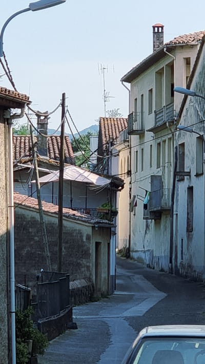The image shows a narrow street in the town of La Canya, Spain, flanked by buildings with tiled roofs. A streetlamp is visible in the upper left corner. Telephone poles and wires crisscross the scene, with antennas also present on some rooftops. The buildings are primarily light-colored with balconies and windows. Some laundry is hanging from a balcony on the right side. The street itself is paved and appears wet in places, suggesting recent rain or washing. Vegetation is present on the left side of the street, including potted plants and bushes. The scene is captured during daylight with a clear sky.