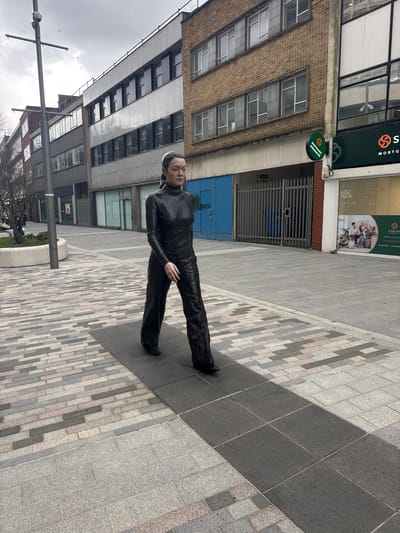 The image captures a life-sized, dark-colored statue of a person in mid-stride, positioned on a pedestrianized street in Woking, United Kingdom. The statue wears a high-collared, long-sleeved top and wide-leg trousers, all appearing as a cohesive, textured dark garment. Its hair is pulled back, and the face presents a neutral expression.
The ground comprises a paved surface featuring rectangular paving stones in various shades of grey and pinkish-grey, arranged in patterns. A distinct strip of darker grey paving runs directly beneath the statue. To the left, a tall, dark grey lamppost stands beside a low concrete planter containing a bare tree or shrub.
In the background, a row of multi-story commercial buildings lines the street under an overcast sky. Buildings on the left exhibit brick facades with numerous windows, some appearing vacant. On the right, a building displays a green circular sign marked "MORTGAGES INSURANCES" with an 'S' logo. Below this, a storefront window features an advertisement for "STERLING STREET" with an image of people on a sofa. Adjacent to the storefront is a metal-barred gate and a blue boarded section displaying graffiti. Small birds are faintly visible in the sky above the buildings. Minimal pedestrian presence is noted in the distant background on the left.