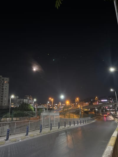 The image presents a nighttime view from an elevated position, likely a bridge or overpass, in an urban setting. The perspective looks along a wet, dark asphalt road that curves gently to the left, indicating recent rain or damp conditions. A metal barrier or railing with vertical bars and blue horizontal supports lines the right edge of the road, separating it from the lower ground level.
The dark night sky features a prominent, bright moon in the upper left, partially obscured by a wispy cloud. Numerous streetlights illuminate the scene, casting intense glares and reflections on the wet road surface. Additional bright lights from buildings and other sources dot the cityscape.
To the right of the road, beyond the barrier, a dense urban landscape unfolds, with multiple buildings visible. These structures are lit by internal lights and external streetlights. Faint red tail lights in the distance suggest ongoing vehicle traffic. More buildings are visible on the left side of the frame, extending into the background. Green foliage from trees or shrubs is discernible in the foreground and beneath the bridge structure. The scene is dominated by artificial light sources against the dark sky, capturing a typical nocturnal urban environment. No legible text is discernible on any signs or structures.
