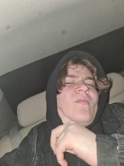 An individual with light skin and wavy, light brown hair is seated within what appears to be the interior of a vehicle, in the city of Madaya, Syria. The person, who is looking directly at the camera, is wearing a dark hooded sweatshirt with the hood up, partially covering their hair, over a dark, possibly denim, zippered jacket. Their eyes are partially closed, and their lips are slightly pursed, with the chin slightly tucked. The right hand is positioned under the chin and jawline, with fingers lightly curled. Behind the individual, a light-colored vehicle headrest is visible, along with a seatbelt strap. Above, the light-colored, textured ceiling (headliner) of the vehicle is present. The background to the left of the subject is dark, indicative of interior trim or a window at night. Lighting is dim, casting subtle shadows on the left side of the face.