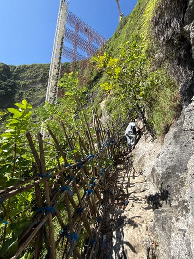The image depicts a precarious handmade ladder in a mountainous region, potentially in or around Bunga Mekar, Indonesia, given the context. The ladder is constructed from rough-hewn wooden poles lashed together with blue rope. It appears to be built against a steep rock face with vegetation, including grass and small trees, growing on the terrain. A person wearing a striped shirt is visible partway up the ladder, seemingly engaged in climbing. The ladder is oriented at an angle, suggesting a challenging or unstable ascent. In the background, a metal suspension bridge is partially visible against a clear blue sky, implying the ladder's function might be for accessing or reaching this bridge. The overall scene suggests a remote, potentially dangerous location with improvised infrastructure for navigating the terrain.