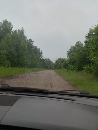 This media file is a first-person perspective, likely from inside a vehicle, looking out at a rural road on an overcast day. The road appears to be unpaved and muddy, with visible tire tracks. On either side of the road, dense green trees and grass line the path, suggesting a natural, wooded setting. The sky is uniformly gray, indicating cloudy or possibly rainy weather. The time of day is not precisely discernible due to the overcast conditions but appears to be daytime. The image conveys a sense of travel through a natural landscape. There is no visible text.