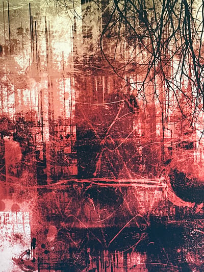 The image is an abstract, heavily textured artwork with a dominant red and black color palette, overlaid with hints of beige and white. The scene appears to be a composite, possibly a mixed-media collage or digital manipulation, creating a layered and somewhat chaotic visual effect.
In the foreground, the dense network of dark, bare branches of a tree dominates the upper right and extends across the frame, creating a stark silhouette against a lighter, textured background. These branches are sharp and angular, suggesting a wintery or desolated environment.
The background is a complex interplay of vertical and horizontal lines, reminiscent of urban architecture or a dense forest. There are indications of buildings with window-like structures, but they are indistinct and blurred, appearing as vertical streaks of lighter color interspersed with darker areas. Some areas suggest a textured surface, possibly like distressed concrete or weathered wood.
The overall impression is one of atmospheric depth and an eerie, somewhat somber mood. The abstract nature of the image makes it difficult to pinpoint specific objects or actions. There are no discernible people or clear indications of activity. The textures and the interplay of light and shadow create a sense of drama and a feeling of being in a place that is both familiar and alien.
The location of Ossenzijl, Netherlands, is not visually represented in this abstract artwork. The image does not contain any elements that specifically identify it as being from that location.