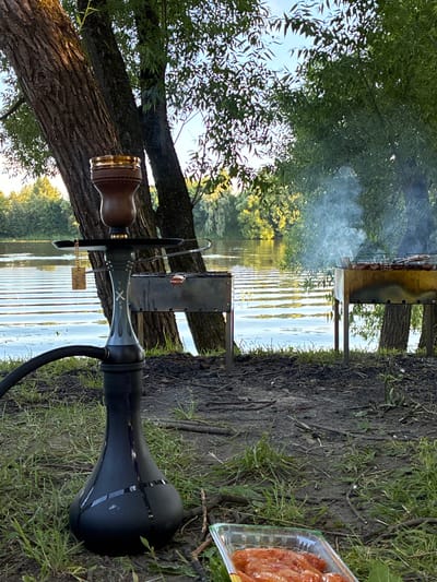 The image depicts a waterfront scene in the city of Il'inskoye, Russia, during daylight hours. In the foreground, a black hookah sits on the grass. Behind the hookah, a small charcoal grill with food cooking and emitting smoke is visible. Further back, a large body of water, likely a river or lake, reflects the surrounding trees and sky. The shoreline is lined with lush green trees and vegetation. A clear plastic container filled with raw, reddish-orange food, possibly marinated chicken or fish, is also present in the foreground, near the bottom right corner of the image. The ground is covered in a mixture of dirt, grass, and scattered debris, suggesting an outdoor recreational area. There are no people visible in the frame.
