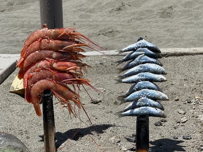 In the city of San Roque, Spain, on a sandy, outdoor area with a concrete barrier in the background, two spits of seafood are displayed. The left spit features a stack of approximately seven large, pink prawns, with their tails pointed upwards and heads downwards, impaled on a wooden skewer. The right spit holds a pyramid of about eight small, silver fish, likely sardines, also impaled on a wooden skewer. Both spits are planted in the ground. The lighting suggests a sunny day.