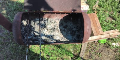 This media file shows a top-down view of a rustic, rusty metal barrel barbecue grill filled with ashes and embers. The grill is outdoors, situated on grass and dirt, with some wooden planks laid near it. The setting appears to be a backyard or a rural area, possibly in Есипово, Russia, given the context. Sunlight casts shadows from the open lid of the grill and from unseen elements, suggesting it is daytime, likely midday due to the intensity of the shadows. The presence of ashes and embers indicates that a fire has recently been extinguished or is smoldering. Two metal skewers are visible, one partially submerged in the ashes and the other leaning against the side of the grill, implying that barbecue or grilling was either in progress or is about to take place. The surrounding environment is characterized by green grass, some weeds, and dry soil. A small bright green object, possibly a lid or container, is visible near the wooden planks. No people are visible in the frame. The overall impression is one of a functional, well-used outdoor cooking setup.