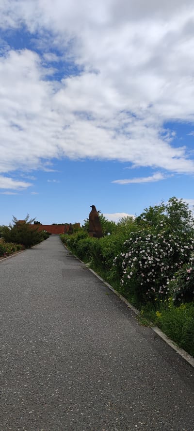 The image captures a paved path leading towards a reddish-brown wall and sculpture(s) under a partly cloudy blue sky. The path's surface is composed of asphalt or a similar material. On the right side of the path, there is a hedge interspersed with flowering shrubs, predominantly featuring white and light pink blossoms. The vegetation suggests a maintained garden area. The sculpture(s), including a prominent eagle-shaped piece, is positioned in the middle ground, near the path's end. The location is likely within the city of Araks, Armenia, given the request context. No individuals are visible. The scene suggests a memorial site or park within the city.