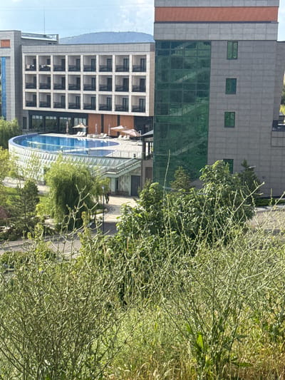 The image depicts a contemporary hotel with a distinctive curved swimming pool. The hotel features multiple stories with numerous balconies and a facade of gray stone tiles. A section of the building is covered in green glass panels, revealing the interior staircase. Surrounding the hotel is lush greenery, including trees and bushes, and a well-maintained lawn. The scene is set during the daytime, with a clear sky and bright sunlight. The context of Uchterek, Uzbekistan, suggests a possibly resort or hotel setting in that region.