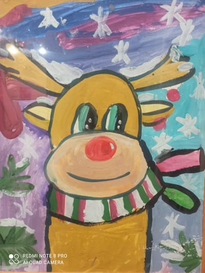 This is a close-up, eye-level shot of a painting of a cartoon reindeer, likely a Christmas-themed artwork. The reindeer has a large yellow head with prominent antlers outlined in black. Its eyes are wide and green with black pupils. A large, bright red nose is centered on its face, and it is wearing a scarf with red, white, and green stripes. The background is a mix of abstract colors, including purple, blue, and light blue, with white star-like shapes and some green leafy elements. The painting appears to be behind glass, as indicated by a reflection on the upper left side. The bottom of the image shows a watermark "REDMI NOTE 8 PRO AI QUAD CAMERA". The image does not provide any information about the city of Kugesi, Russia or any specific location.