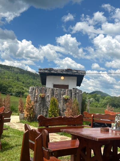 The image depicts a scene in Meshtitsa, Bulgaria. Dominating the view is a rustic wooden building with a white second story and a dark, possibly tiled roof. A light fixture is visible on the side of the building. In the foreground, there is a wooden table and chairs, likely part of an outdoor seating area. The environment includes a green, grassy area with various plants and shrubs. In the background, there is a wooded hillside under a bright blue sky with scattered white clouds. Powerlines stretch across the sky, running diagonally from top to bottom.