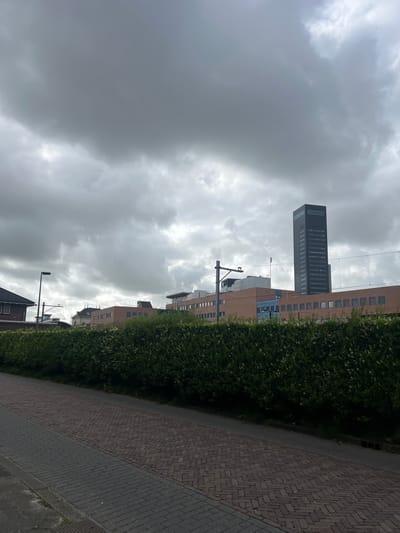 The image depicts an overcast sky over a street scene in Leeuwarden, Netherlands. In the foreground, a brick-paved walkway transitions to a darker paved surface. A neatly trimmed green hedge runs along the side of the walkway, separating it from the background. Behind the hedge, several buildings are visible, including a low-rise brick building with numerous windows and a dark, modern skyscraper. A street lamp stands on the left side of the image. The sky is filled with heavy, dark clouds, suggesting a potentially stormy or cloudy day.