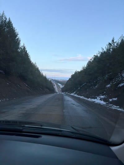 The image shows a view from inside a vehicle driving on a wet asphalt road, presumably near Дулесово, Russia. The road is bordered by a dense line of trees on both sides, with patches of snow visible on the ground near the trees. In the distance, structures resembling industrial towers or power lines are faintly visible under a light blue sky. The vehicle's interior, including the dashboard and side panel, is partially visible on the right side of the frame. The overall atmosphere suggests a cold or damp day.