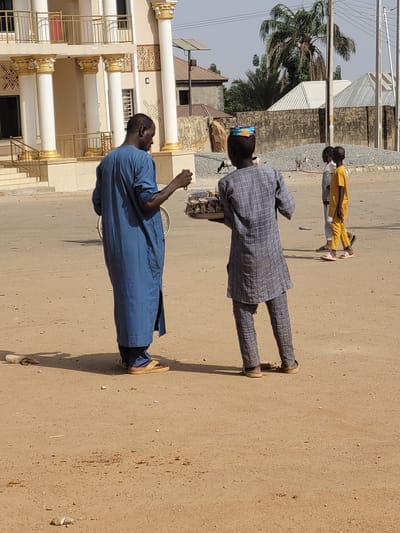 The image depicts an outdoor street scene in Nassarawa Egon, Nigeria, under clear daylight conditions. In the center-left foreground, a dark-skinned adult male stands, facing partially right. He wears a long, dark blue tunic over dark trousers and light brown open-toed sandals. His right hand holds a dark, beaded item. A bicycle wheel is partially visible behind him.

Opposite him, slightly to the right, stands a dark-skinned young boy, facing partially left. He wears a grey plaid long-sleeved shirt, matching pants, and a multi-colored fabric cap on his head. He holds a round, flat tray at waist level in his left hand, displaying an assortment of individually wrapped, brown food items.

Further to the right and slightly behind these two individuals, two other dark-skinned young boys are visible. One wears a light-colored shirt and pants with dark flip-flops, while the other wears a yellow shirt and yellow pants with pink flip-flops. Both appear to be observing the interaction or passing by. Behind them, two goats, one light-colored and one darker, are visible on a gravelly patch of ground.

The background on the left is dominated by a multi-story building with a light-colored facade, featuring four prominent white classical columns with gold-colored capitals and bases. The building includes a balcony with gold-colored railings and decorative golden patterns on its walls. Steps lead up to its entrance. To the right of this building, a stone wall, structures with white corrugated metal roofs, and several green palm trees are visible. Utility poles with overhead lines are also present. The ground throughout the scene is unpaved, consisting primarily of reddish-brown dirt or sand with scattered small stones and debris.