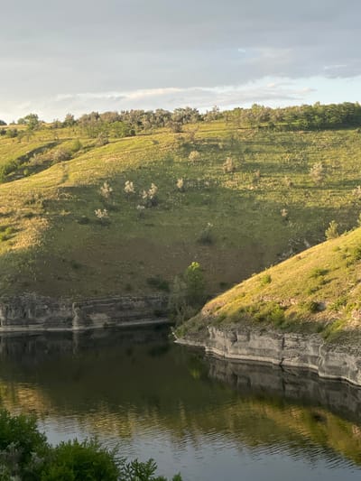 A hillside, covered in grasses and sparse trees, slopes towards a body of water. A vertical cliff face, marked with distinct layers of rock, drops into the water. The water reflects the cliff and hillside. The sky is partially cloudy, suggesting an overcast day. Green foliage is visible in the bottom right corner.