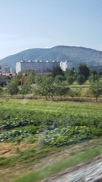 The image shows a panorama of the city of Beluša, Slovakia. In the background, a large, green, tree-covered mountain range dominates the horizon. Part of the mountain range appears to be a quarry, with exposed rock and machinery visible. In the mid-ground, several large, multi-story apartment buildings are visible, painted in a light color, with many windows. These buildings are surrounded by smaller houses with red roofs and scattered trees. In the foreground, a field of green grass and some crops with yellow flowers can be seen. The image appears to have been taken from a moving vehicle, as indicated by the motion blur in the foreground and mid-ground. The sky is clear and blue.