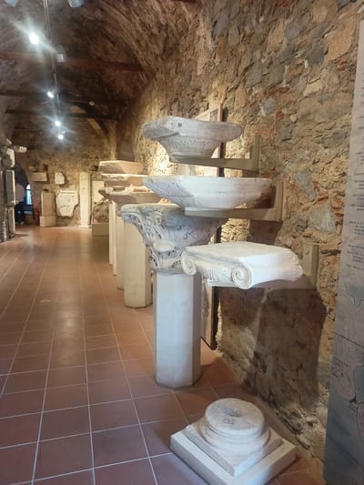 The image shows the interior of a museum exhibition hall, likely part of the Archaeological Museum of Thebes, located in the Municipal Unit of Anthidon, Greece. The hall features a vaulted stone ceiling with wooden beams and exposed brickwork. On the right, a rough-hewn stone wall is adorned with informational placards containing Greek text and maps. The floor is tiled with brown squares.
The primary subjects are ancient architectural fragments, specifically column capitals and other carved stone pieces displayed on pedestals and wall mounts. These artifacts are white and appear to be made of marble or a similar stone. Some pieces are intricately carved with acanthus leaves and volutes. One large capital in the foreground is particularly detailed. Several pieces are labeled with numbers, such as "30" and "345".
In the background, more stone fragments and reliefs are visible against the stone walls, and an arched doorway leads to another section of the museum. There are no people visible in the frame. The lighting is provided by overhead spotlights. The overall impression is that of an archaeological display showcasing remnants of ancient structures.