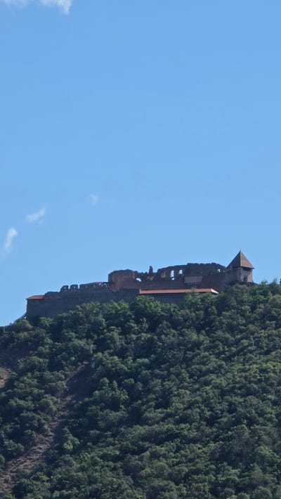 The image shows a panoramic view of the Visegrád Citadel, a medieval castle complex located on a hilltop in Visegrád, Hungary. The citadel is situated on the right bank of the Danube River, overlooking the bend of the river known as the Danube Knee. The castle is made of stone and features several towers and fortifications. The surrounding landscape is covered with lush green trees, indicating a natural and mountainous environment. The sky is clear blue with a few wispy clouds. The overall scene is serene and picturesque, showcasing the historical significance and natural beauty of the location.