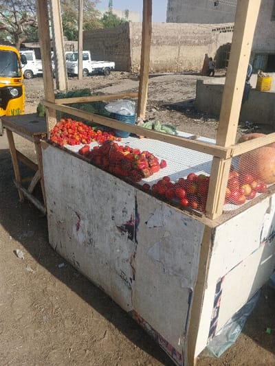 The scene depicts an outdoor market or roadside stall in Gobirawa, Nigeria, under natural daylight.

In the foreground, a roughly constructed produce stall is visible. It features a worn, light-colored wooden or particle board base, partially covered with torn paper and adhesive remnants. Four untreated wooden posts support a rectangular frame, topped with a white mesh surface displaying various produce. On the left, numerous small, bright red peppers are piled. Adjacent to them, larger red peppers are arranged, some contained within red mesh bags. Further right, a quantity of red tomatoes is visible, along with a large, yellowish-orange gourd, possibly a pumpkin or squash. A blue plastic basin holding clear plastic bags rests on the stall surface behind the peppers, and green vegetables are visible further back. A smaller, unadorned wooden table extends from the left side of the main stall.

The ground is an unpaved, uneven dirt surface with scattered debris. In the mid-ground, a yellow auto-rickshaw is partially visible on the far left. Two white mini-trucks are parked on the dirt surface behind the stall. The background consists of weathered, unpainted concrete block walls and facades of multi-story buildings, one with a green-framed window section on the far right. Sparse trees are visible in the distance on the left.

Two individuals, an adult in a light-colored garment and a child, are observed walking away from the viewer near a concrete wall in the mid-ground right. A third person is partially visible behind a wooden post on the far right, standing near a yellow container. No direct interactions with the produce stall are discernable. Strong sunlight casts distinct shadows.