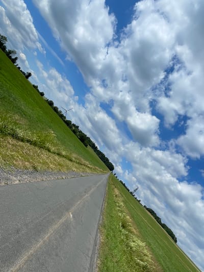 This is an angled shot of a paved path leading into the distance through a green field under a blue sky with white clouds. The path is gray asphalt with some cracks and a lighter-colored line running down the center. To the left of the path is a grassy field that slopes upwards, with some trees visible along the top edge. To the right of the path is also a grassy field, with trees and a utility pole visible in the distance. A wind turbine is visible in the far left of the image. The overall impression is one of a rural or semi-rural landscape, possibly a hiking or biking trail. The location is identified as being in Schwarzenborn, Germany.