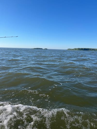 A wide-angle shot captures a body of water under a clear blue sky. In the foreground, a fishing rod extends from the left side of the frame, its tip and line visible against the sky. The water is a dark, greenish-brown, with small waves creating ripples and some white foam near the bottom edge of the image, indicating movement, likely from a boat. In the distance, two small, tree-covered islands are visible, and further still, a long stretch of coastline covered in dense forest. The horizon is sharp and clear, suggesting good visibility. The overall scene evokes a sense of calm and outdoor activity. The location is the confluence of the Yenisei River and the Kan River in Novopichugovo, Russia.