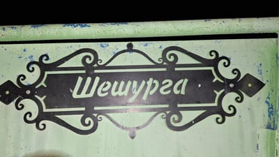 The image shows a sign reading "Шешурга" (Sheshurga) in a decorative black frame mounted on a light green surface with blue paint chipping. The frame has ornate flourishes and diamond-shaped ends, each secured with a visible rivet. The surface appears weathered. The sign is located in the city of Sheshurga, Russia, as indicated by the text on the sign.