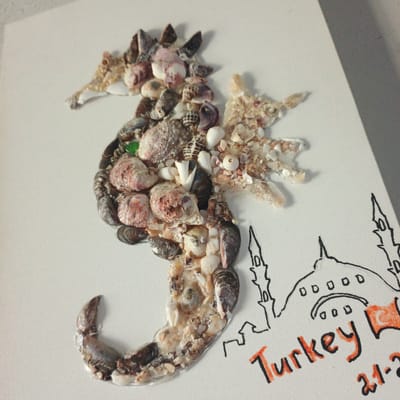 A seahorse crafted from seashells is mounted on a white surface. To the right, a hand-drawn sketch of a mosque with minarets is visible, along with the word "Turkey" written in orange and black letters, and the numbers "21-2". The specific location in Vyshgorodok, Russia is not determinable from the image.
