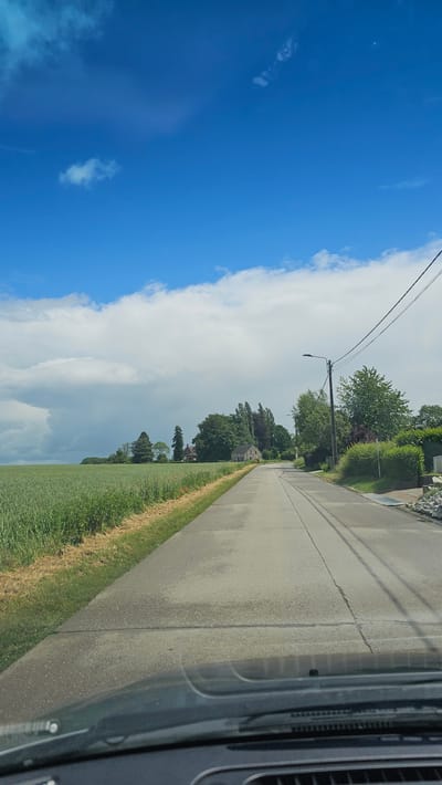 The image captures a rural landscape in Walcourt, Belgium, as viewed from inside a vehicle, likely looking out a side window. The perspective suggests the original image was taken in portrait orientation and needs to be rotated 90 degrees counter-clockwise for a natural horizontal view.

In the foreground, on the right side, a dark gray section of the vehicle's interior, possibly a dashboard or door panel with vertical slats, is visible. Adjacent to this, a paved asphalt road stretches from the foreground into the distance, showing cracks and seams on its surface.

To the left of the road, a vibrant green field of crops, possibly wheat or another grain, extends towards the horizon. A strip of lighter, drier grass runs along the edge of the road, separating it from the field. On the right side of the road, a dense line of trees and bushes forms a natural barrier, behind which several houses are partially visible in the mid-distance, indicating a village or hamlet setting. A utility pole with overhead power lines and a street lamp stands prominently near the roadside.

The sky presents a striking contrast. On the upper left, it is a bright, clear blue with scattered white, wispy clouds. This clear sky sharply transitions towards the right into a significantly more overcast and grey sky, filled with denser, heavier clouds, suggesting a weather front or approaching change in conditions. The scene is illuminated by daylight, consistent with either late morning or afternoon. No text is visible in the image.