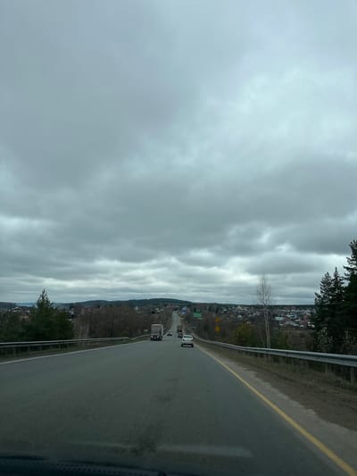 The image depicts a section of a road near Doksha, Russia on an overcast day. A two-lane asphalt road curves slightly to the right, with a yellow line marking the edge of the lane. A metal guardrail separates the road from the adjacent terrain, which includes trees and shrubs. In the distance, there is a small town or village. Several vehicles are visible on the road, including cars and a truck. The sky is covered in gray clouds.