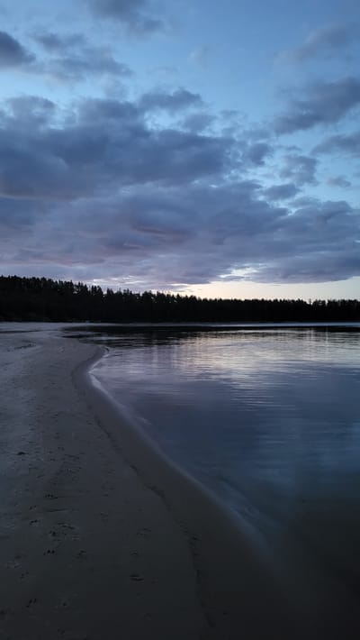 The image depicts a serene twilight scene at a sandy beach on the coast of Zaostrov'e, Russia. The sky is a blend of deep blues and grays, with scattered clouds tinged with hues of purple and pink, suggesting the last moments of daylight. A dark, silhouetted forest line stretches across the horizon, separating the sky from the tranquil water. The calm surface of the lake or sea reflects the sky and the distant treeline, creating a mirror-like effect. The foreground is dominated by a sandy beach, marked with footprints, leading to the gentle lapping waves. The overall atmosphere is one of quiet natural beauty, devoid of human activity.