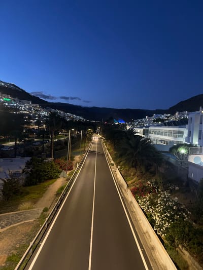The image shows a nighttime view of a road in Puerto Rico, Spain, with buildings and a mountain in the background. The road has white lines and a metal guardrail. Vegetation, including flowers and palm trees, lines the side of the road. The sky is dark blue. Lights from the town illuminate the scene.