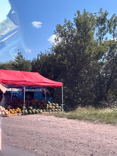 The image captures a roadside fruit stand under a bright blue sky with scattered clouds. A large red canopy tent is set up, providing shade for a variety of fruits displayed on the ground and on wooden pallets. A significant portion of the display consists of watermelons, with smaller piles of what appear to be cantaloupes and yellow melons also visible. Behind the fruit stand, a blue and white van or truck is parked, with a person partially visible inside. The stand is situated on a dirt or gravel road, with dry grass and trees forming the background. The overall scene suggests a rural or semi-rural setting.
