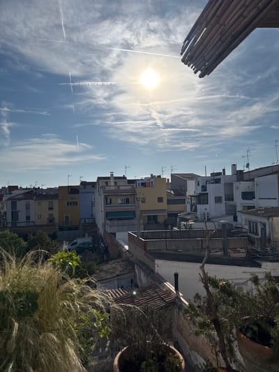 This is a vertical, wide-angle, outdoor photograph taken in Vilanova i la Geltrú, Spain. The image captures a view of buildings against a bright, blue sky with wispy clouds and contrails from aircraft. The sun is visible, casting a bright glare and indicating it is daytime, likely mid-morning or afternoon given the angle of the light.
In the foreground, to the left, a portion of a bamboo structure, possibly a sunshade or awning, is visible, angled into the frame. To the right, a dense patch of dry, grassy vegetation and some green plants are in focus, along with a terracotta pot containing a small tree.
The midground is dominated by a row of multi-story buildings, typical of a European urban environment. These buildings vary in color, with prominent yellow, blue, and white facades, and feature numerous windows, balconies, and satellite dishes. Some buildings appear older with peeling paint, while others look more modern. A white utility truck is parked in an alleyway between buildings.
The background consists of more buildings and the expansive sky. The overall impression is one of a sunny day in a residential area of a Spanish town. There is no visible text in the image. The scene conveys a sense of everyday life, with a clear, bright atmosphere.