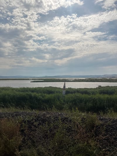 The image shows a vast expanse of water, likely a lagoon or salt flat, in Narbonne, France. Dense green reeds line the foreground, separating the viewer from the water. In the distance, rolling hills fade into the hazy horizon. A white triangular sign with a red border and a black chevron pattern stands near the reeds, indicating some form of warning or directional information. The sky is filled with dramatic, patchy clouds, with shafts of sunlight breaking through, creating a dynamic interplay of light and shadow across the scene. The ground in the immediate foreground appears to be covered in dark gravel and sparse vegetation.